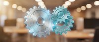 Transparent glass gears floating in modern office space representing teamwork, collaboration and business process optimization for corporate presentations.