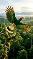 Majestic hornbill bird soaring over lush tropical rainforest canopy with misty mountains in background during golden hour sunrise creating wildlife paradise scene.