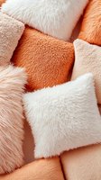 Soft fluffy decorative pillows in coral, peach and white colors arranged in flat lay composition creating cozy home decor background pattern.