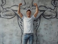 Young athletic man in white t-shirt and jeans raising arms victoriously against graffiti wall with muscular figure drawing, expressing strength and achievement.