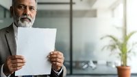 Senior male professional with gray beard and hair, wearing business suit, holding blank white document in modern office environment with natural lighting and potted plant in background.