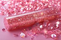 Pink glitter tube with sparkling sequins and confetti scattered on matching background for party decorations and craft projects.