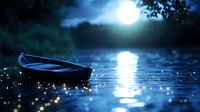 Wooden boat floating on moonlit lake surface with magical fireflies glowing around, creating dreamy atmosphere for nature and fantasy designs.