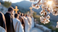 Blooming cherry blossoms frame blurred religious procession at sunset, with soft focus on white spring flowers in foreground and silhouettes of people in background.