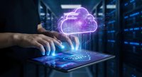 Hand touching tablet with glowing purple cloud computing hologram in modern data center server room for digital transformation and technology solutions.