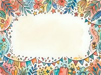 Colorful hand-drawn floral and celebration border frame with leaves, flowers, bunting flags, and gift boxes on cream background, isolated for greeting cards and invitations.