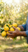 Farmer holding fresh yellow lemons with leaves in orchard during harvest season. Male agricultural worker displaying organic citrus fruits for farming, agriculture, and food production concepts.