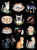 Watercolor cat sticker sheet with cute cats, pet accessories, paw, yarn, and fish, isolated on transparent background, ready for t-shirts, clipart, and print on demand.
