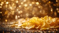 Crispy potato chips scattered on dark surface with golden bokeh lights and sparkles in background creating luxurious festive atmosphere for food photography.