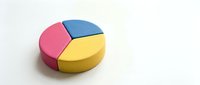 Colorful pie chart with three segments in pink blue and yellow on white background for business presentations and data visualization.