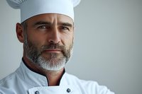 Confident mature male chef with gray beard wearing traditional white uniform and toque, looking at camera with professional expression against light background.