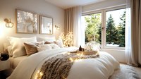 Cozy winter bedroom interior with warm fairy lights, white bedding, and faux fur throw. Large window overlooks snowy pine forest landscape. Wall sconces create ambient glow.