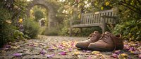 Brown leather boots on cobblestone path with fallen petals in romantic garden setting with wooden bench and stone archway in soft autumn light.