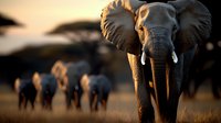 African elephant leads herd across savanna grassland at golden hour, dramatic front view with blurred elephants in background creating depth and atmosphere.