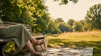 Woman relaxing on a park bench in a green dress with a wicker bag, enjoying a sunny summer day outdoors in nature.