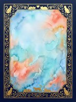 Ornate golden frame with decorative cats and flourishes surrounding abstract watercolor background in blue, coral and turquoise hues for mystical designs.
