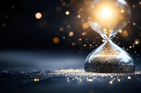 Glowing hourglass with golden sand particles and magical light effects against dark background, symbolizing time passing and precious moments.