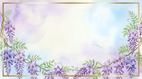 Watercolor wisteria floral frame with purple blooms and green leaves on a soft pastel background, accented with a gold border for elegant design use.