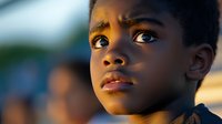 Young African American boy looking up with hopeful expression at sunset, dramatic lighting creates emotional portrait highlighting innocence and wonder in childhood moment.