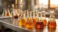 Young scientist or chemist examining amber and orange liquid samples in laboratory flasks on countertop for research, analysis, or quality testing purposes.