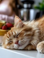 Sleeping ginger Persian cat with long fluffy fur resting on white surface in kitchen, close-up portrait showing peaceful expression and relaxed pose.