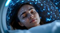 Young Asian woman with closed eyes and glowing skin lying under blue light therapy treatment with illuminated particles for skincare and rejuvenation procedures.