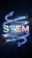 STEM education concept with colorful letters surrounded by glowing scientific symbols and DNA helix against starry space background for learning materials.
