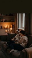 Cozy evening at home with young woman reading book on sofa by candlelight in warm living room with bookshelves creating peaceful atmosphere for relaxation.