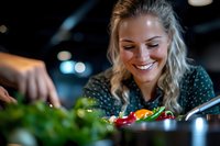 Young Caucasian woman with blonde hair smiling while preparing fresh colorful vegetables in modern kitchen. Dark moody lighting creates intimate cooking atmosphere.