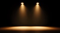 Dramatic spotlights illuminate empty stage with warm golden glow against dark background creating theatrical atmosphere for performance or presentation space.