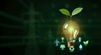 Glowing light bulb with green plant sprouting from top surrounded by eco-friendly icons on dark green background representing sustainable energy innovation.