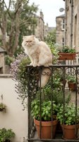 Fluffy cream-colored Persian cat sitting on ornate balcony railing with purple flowering plants and terracotta pots, urban cityscape background, pet lifestyle.