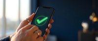 Hand holding smartphone displaying green checkmark on dark screen, symbolizing approval, verification, success, and confirmation for business applications.