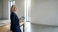 Professional mature Caucasian businesswoman in dark suit holding tablet in modern minimalist office space with natural light from large windows.