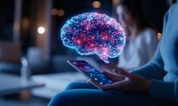 Digital hologram of glowing brain floating above smartphone screen while person uses mobile device in dark room with bokeh lights in background.