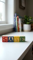 Colorful wooden alphabet blocks spelling SAVE on a white desk near a sunny window, symbolizing savings, financial planning, and money management.