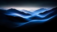 Mystical mountain landscape with glowing blue light trails flowing through dark valleys creating ethereal atmosphere against layered peaks at twilight.