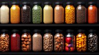 Glass jars filled with colorful grains, legumes, seeds and nuts arranged in rows on dark wooden shelves, creating organized pantry storage display.