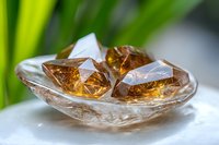 Amber-colored crystals in glass bowl against green natural background, soft focus macro photography creates luxurious gemstone display effect.