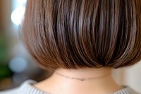 Close-up view of short brown bob haircut from behind showing precise clean lines and professional styling technique, highlighting modern hair fashion trends.
