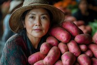 Asian woman farmer in straw hat smiling near fresh harvested red potatoes at local market. Natural lighting highlights organic produce and authentic farming lifestyle.