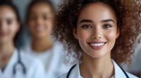 Young mixed-race female healthcare professional with curly brown hair wearing white medical coat and stethoscope, smiling confidently at camera with blurred colleagues in background.
