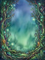 Enchanted forest frame with glowing lights and magical atmosphere, featuring twisted trees and luminescent foliage surrounding empty center space for text or design overlay.