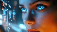 Close up portrait of young woman with glowing blue eyes against dark background with digital interface elements and orange lighting effects, futuristic concept.