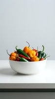 Colorful mix of fresh hot and sweet peppers in a white ceramic bowl on a clean light surface, minimal kitchen style.