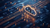 Glowing cloud computing symbol on circuit board with digital connections and data streams, representing modern technology infrastructure and cloud services.