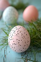 Pink speckled Easter eggs decorated with black and gold dots arranged on rustic turquoise wooden surface with fresh green grass, creating festive spring composition.