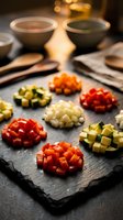 Colorful diced vegetables arranged on dark slate board with cooking bowls and utensils in background for meal preparation and culinary cooking concepts.