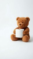 Adorable brown teddy bear holding white mug on clean background for cozy marketing campaigns and children's product designs.