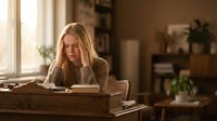 Young blonde woman experiencing headache or stress while studying at wooden desk in cozy home interior with warm natural lighting and plants.